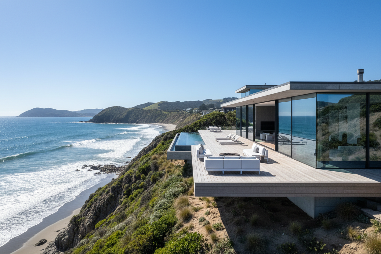 luxury house overlooking ocean in sumner NZ