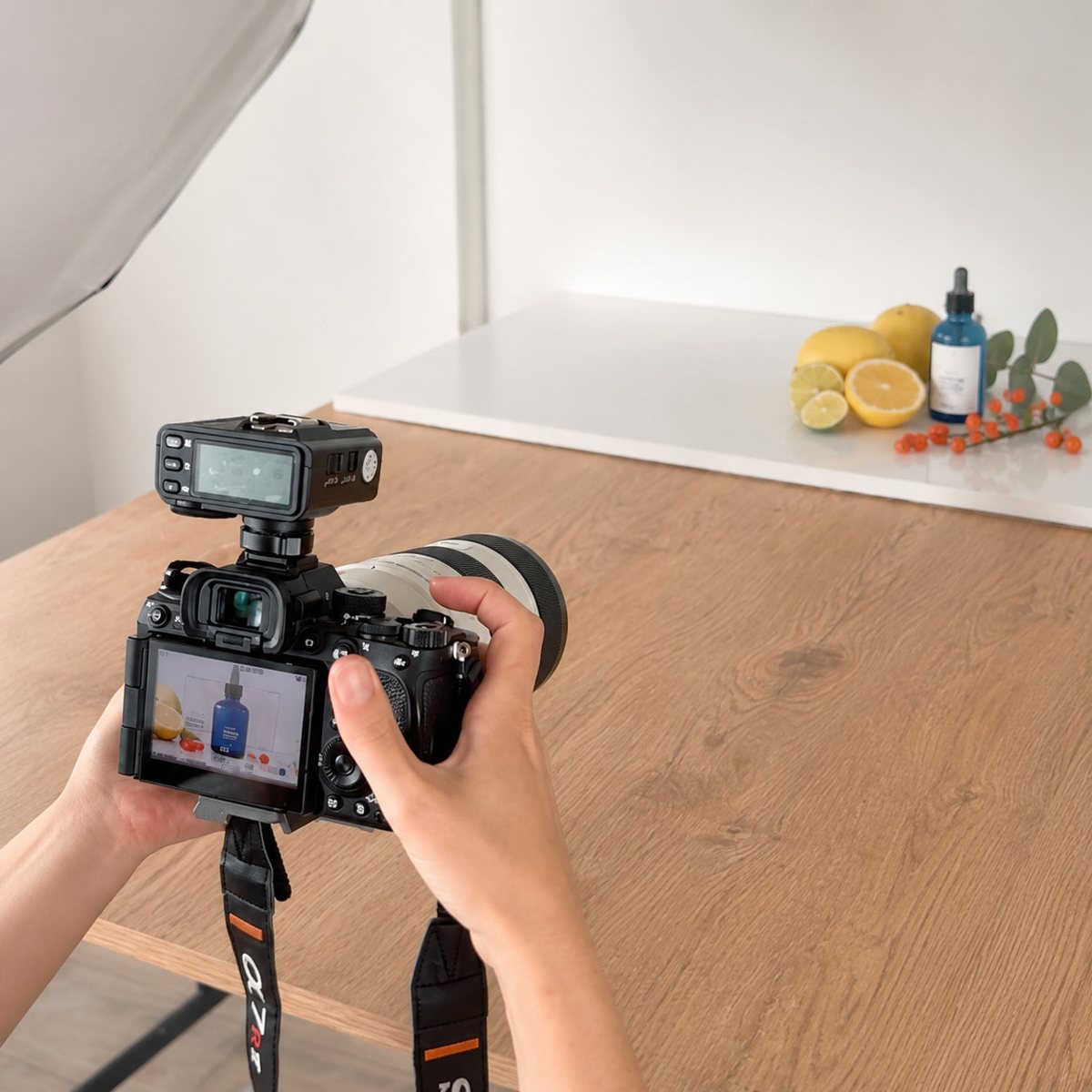 A product photo shoot in progress