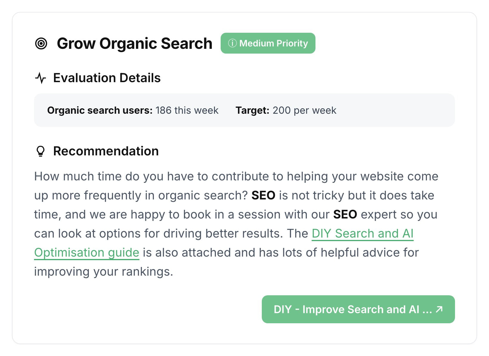 A Data Lab recommendation with its priority, evaluation and next step