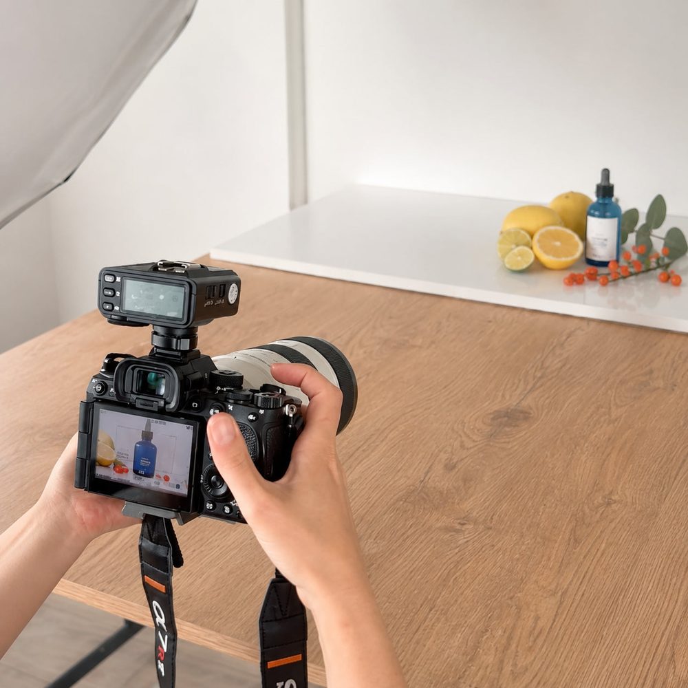 A camera set up for a product shoot